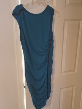 Sleeveless Teal Ruched Zip-Detail Dress